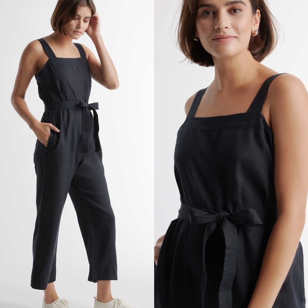 Quince Black Square-Neck Linen Blend Jumpsuit with Tie Waist